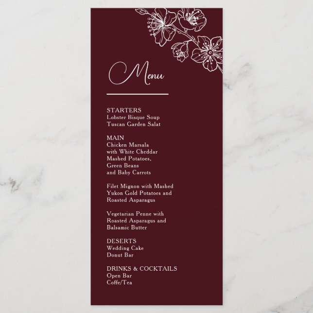 White Line Art Flowers Deep Burgundy Wedding Menu (Front)
