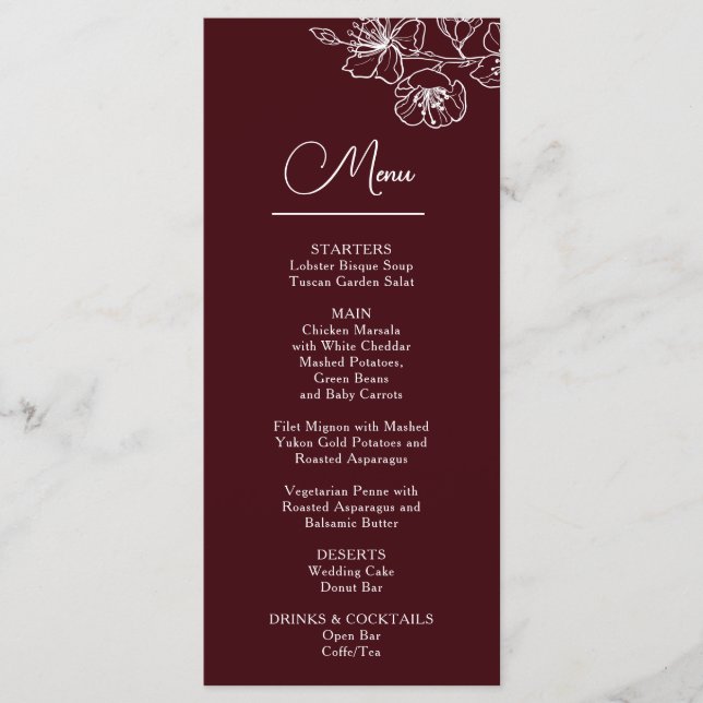 White Line Art Flowers Deep Burgundy Wedding Menu (Front)