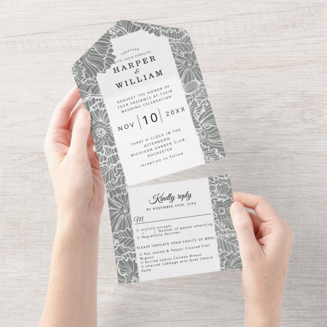 white line art flowers on sage background wedding all in one invitation (Tearaway)