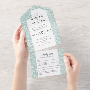 white line art flowers on turquoise wedding all in one invitation