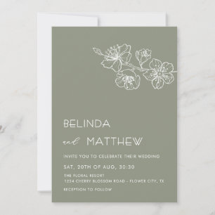 White Line Art Flowers Sage Green Casual Wedding Invitation