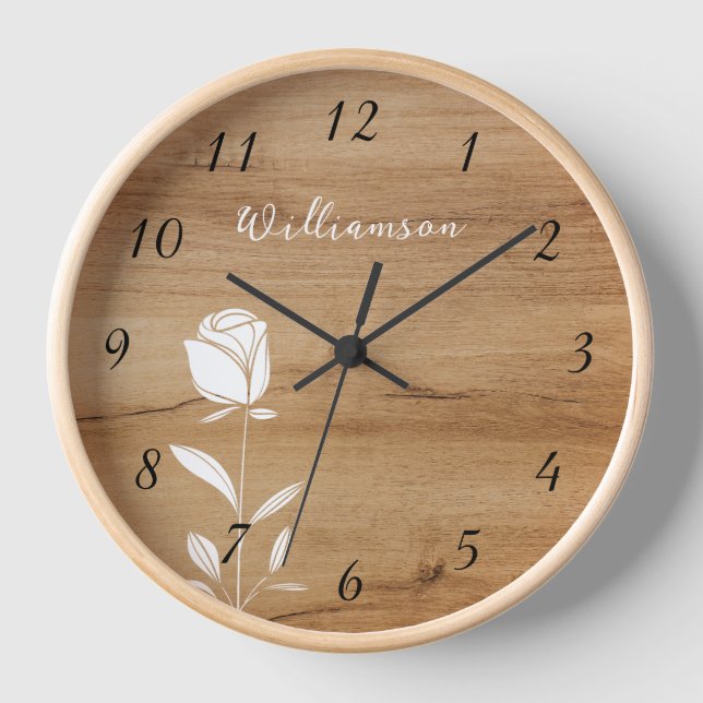 White Line Art Rose Wood Background Rustic Numbers Clock (Front)
