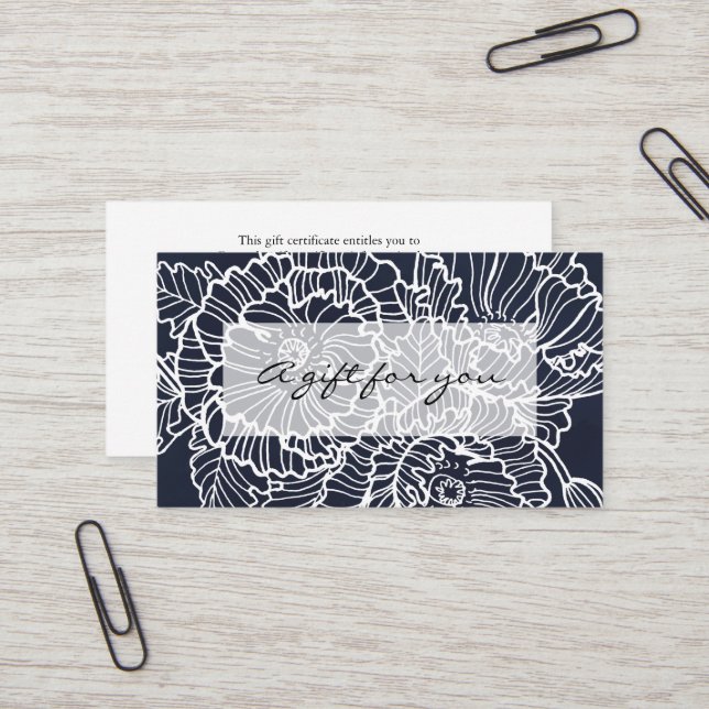 White line flowers on navy gift certificate (Front/Back In Situ)