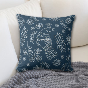 White Line Nordic Bird Pattern on Blue Cushion