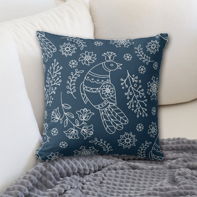 White Line Nordic Bird Pattern on Blue Cushion (Creator Uploaded)
