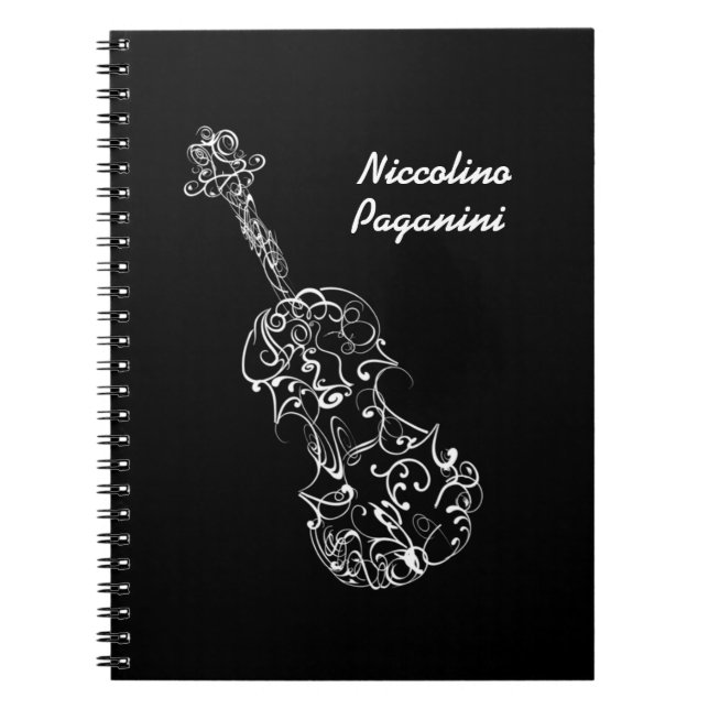 White Line Violin Drawing, Customisable Name Notebook (Front)