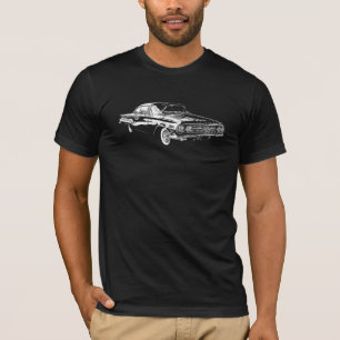 White lineart '60 Chevy Impala on coloured t-shirt