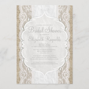 White Linen Burlap Lace Bridal Shower Invitations