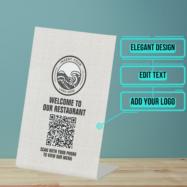 White Linen Restaurant Menu QR Code Pedestal Sign (This QR Code placard table pedestal sign can be placed anywhere & scanned by your customers.)