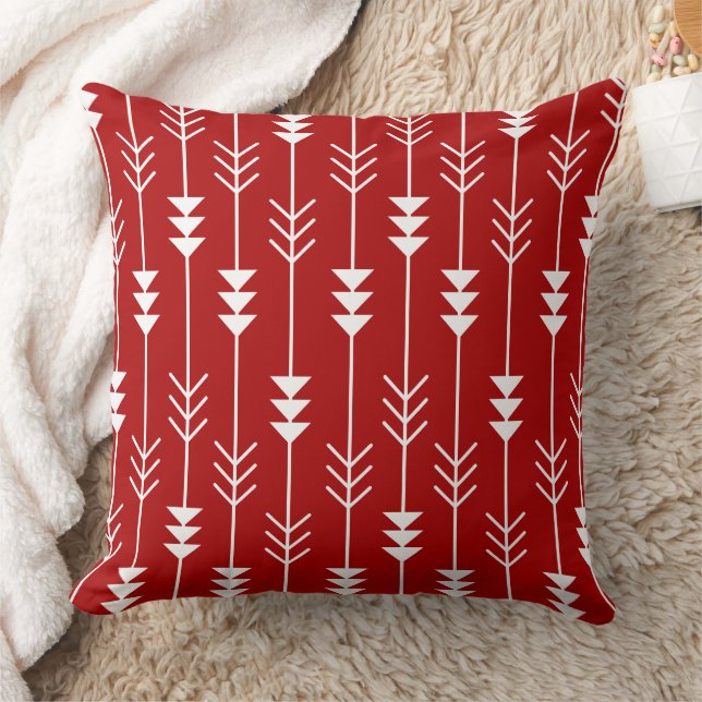 White Lines and Arrows Pattern on Red Background Cushion (Blanket)