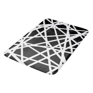 White Lines And Irregular Black Shapes Abstract Bath Mat