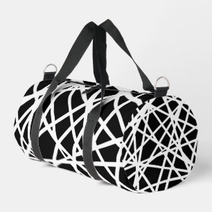 White Lines And Irregular Black Shapes Abstract Duffle Bag