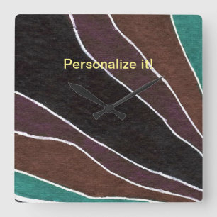 White lines through brown and turquoise stripes square wall clock