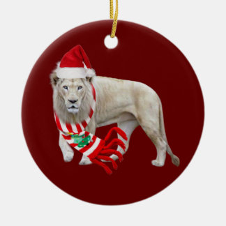 White lion With Hat Scaft Christmas Ceramic Ornament