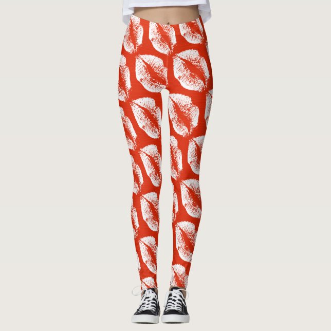 White Lips Modern Orange Red Leggings (Front)
