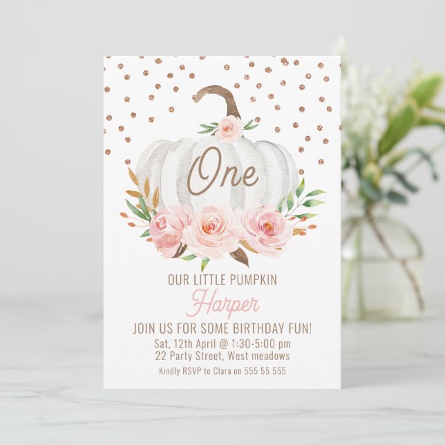 White Little Pumpkin Floral 1st Birthday Invitation (Standing Front)
