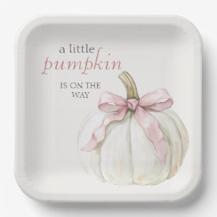 White Little Pumpkin Pink Bow Girl Baby Shower Paper Plate
