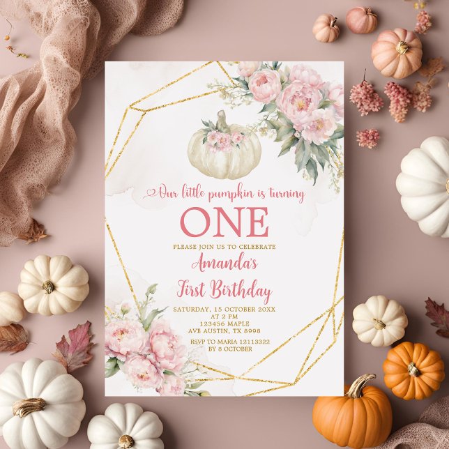 White Little Pumpkin Pink Floral Gold 1st Birthday Invitation (Creator Uploaded)
