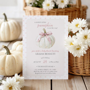 White Little Pumpkin Pink Polka Dots Baby Shower Invitation