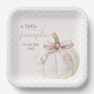 White Little Pumpkin Pink Polka Dots Baby Shower Paper Plate
