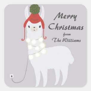 White Llama Christmas Lights Plugged In Square Sticker