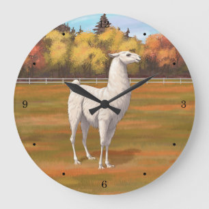 White Llama in Autumn Farm Pasture Large Clock