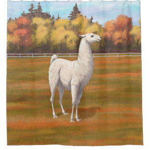 White Llama in Autumn Farm Pasture Shower Curtain
