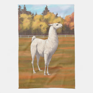White Llama in Autumn Farm Pasture Tea Towel