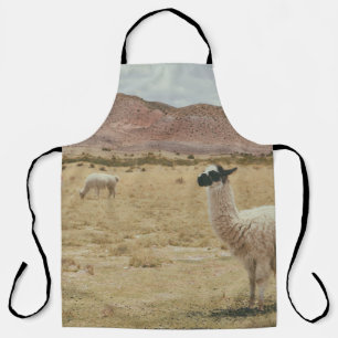 WHITE LLAMA ON BROWN GRASS APRON