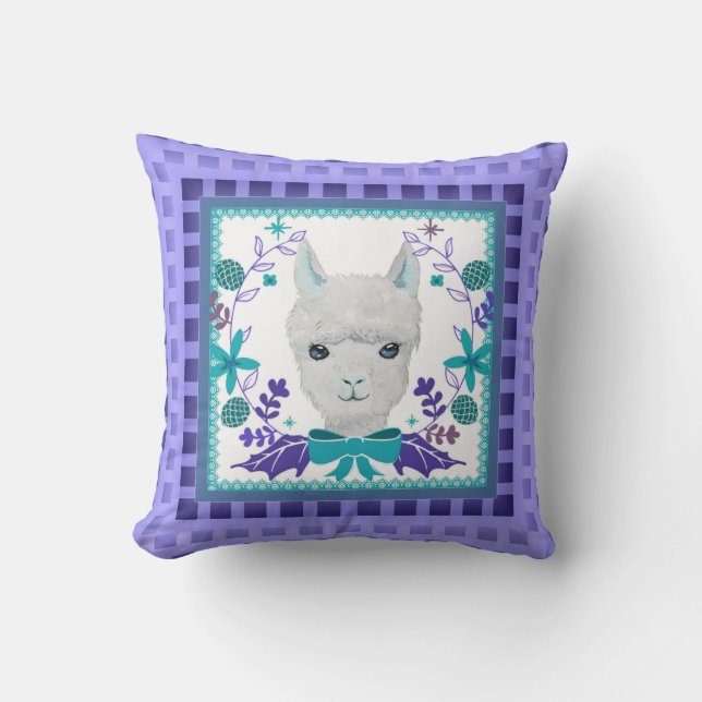White Llama Purple Lavender Blue-Green Nursery Cushion (Front)