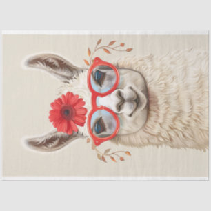 White Llama with Red Flower Glasses Decoupage Tissue Paper