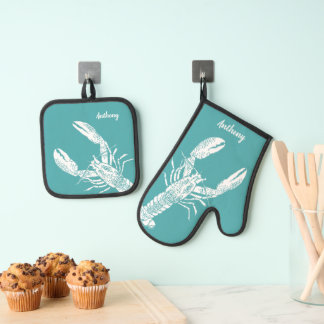 White Lobster on Teal Personalised Oven Mitt & Pot Holder Set