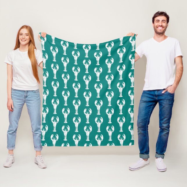 White Lobster on Turquoise / Teal Fleece Blanket (In Situ)