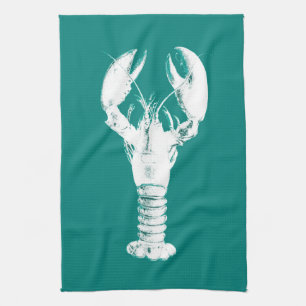 White Lobster on Turquoise / Teal Tea Towel