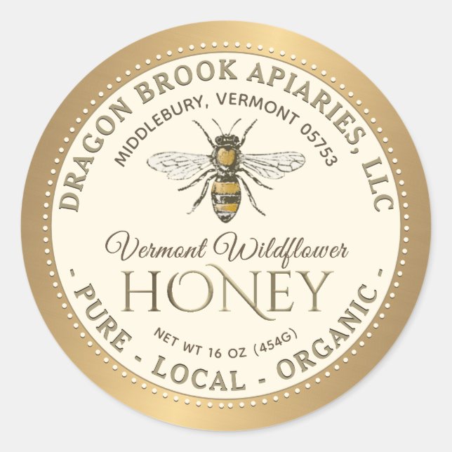 White Local Organic Honey Label with honeybee (Front)