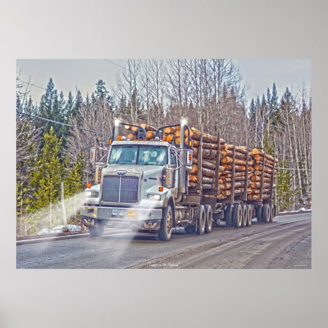 White Logging Truck- Lorry and Highway Art Poster (Front)