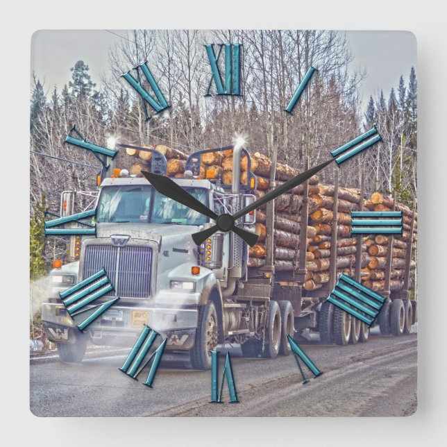 White Logging Truck Lumber Mill Delivery Art Square Wall Clock (Front)