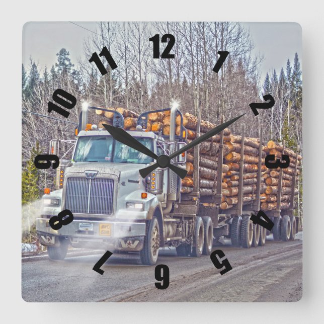White Logging Truck Lumber Mill Delivery Art Square Wall Clock (Front)
