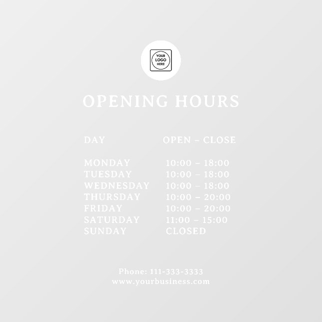 White Logo Opening Hours door sign (Sheet)
