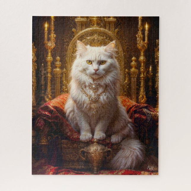 White Longhaired Cat Surrounded by Gold Ornament Jigsaw Puzzle (Vertical)