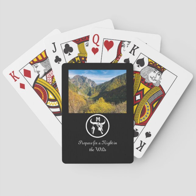 White Longhorn Skull Silhouette Monogram Photo Playing Cards (Back)