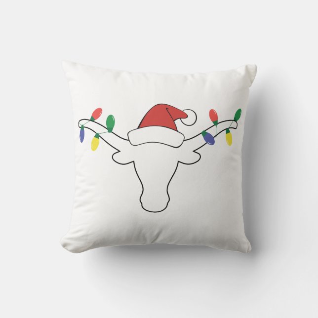 White Longhorn with Christmas Lights and Santa hat Cushion (Front)