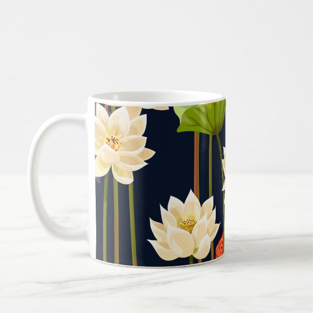 White lotus, fish: seamless pattern. coffee mug (Left)