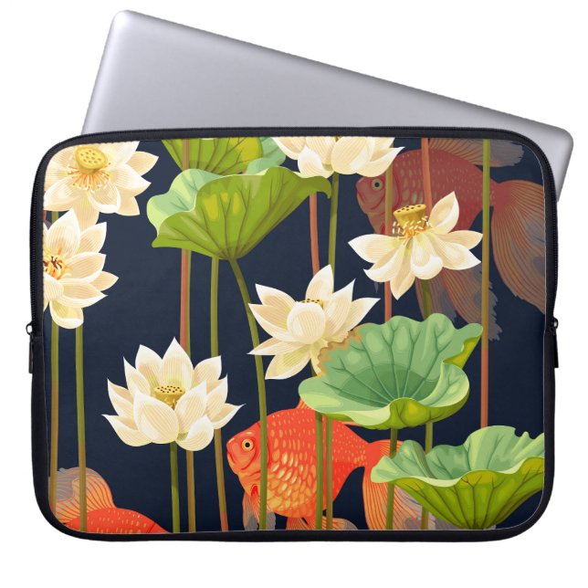 White lotus, fish: seamless pattern. laptop sleeve (Front)