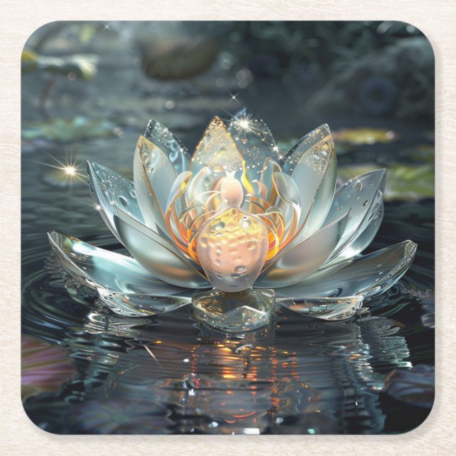 White Lotus Flower Digital Art Square Paper Coaster (Front)