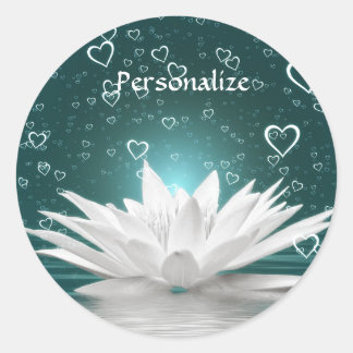 White Lotus Flower & Hearts Personalise Classic Round Sticker