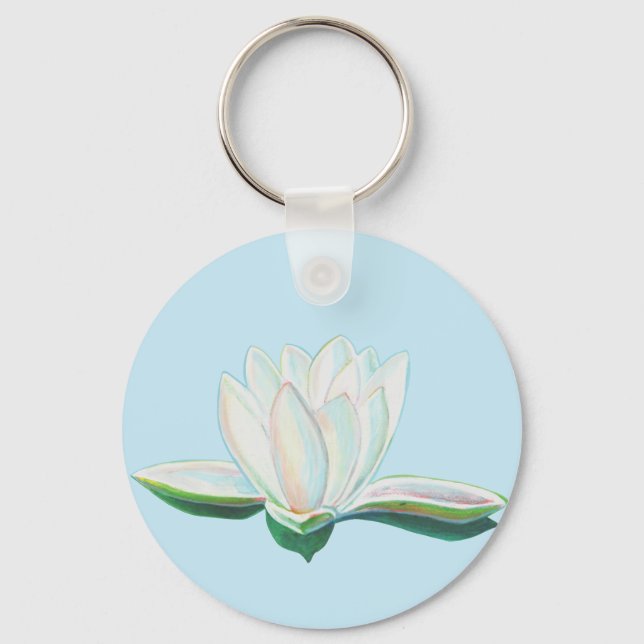 White Lotus Flower Illustration  Button Key Ring (Front)