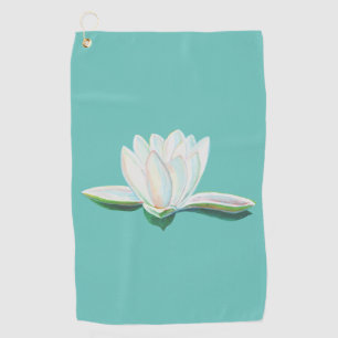 White Lotus Flower Illustration Mint Green  Golf Towel