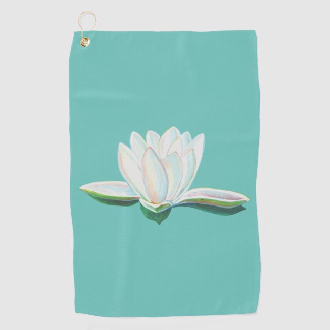 White Lotus Flower Illustration Mint Green  Golf Towel (Front)