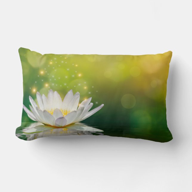 White Lotus Flower Landscape, Zen Lumbar Cushion (Front)